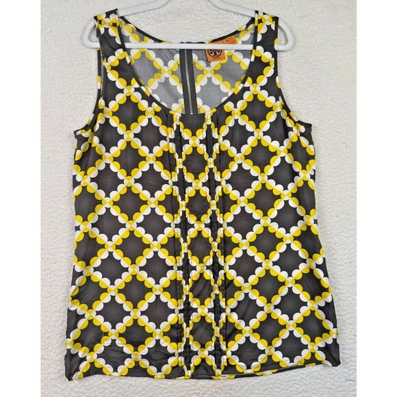 Tory Burch Silk Tank Top Women's 14 Gray Yellow Graphic Career Office Zipper‎ - Picture 1 of 9